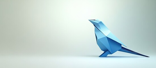 Poster - Blue origami bird standing on the right against a softly blurred light gray background showcasing geometric shapes and clean lines.