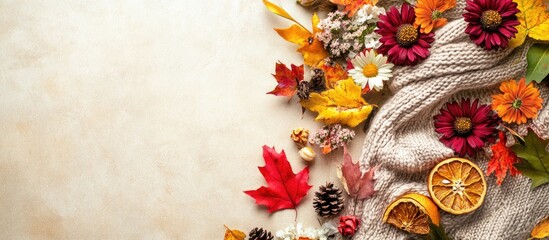 Aufkleber - Autumn flat lay with vibrant flowers, orange slices, dry leaves, and cream scarf arranged on a soft beige background, spacious for text.