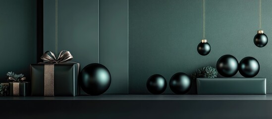 Poster - Stylish Christmas gift packages in dark green with glossy bauble decorations and empty spaces for personalization on a sleek shelf background.