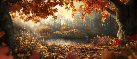 Leinwandbilder - Serene autumn landscape with golden-orange foliage, soft sunlight filtering through trees, tranquil pond in the background, vibrant leaves scattered on the ground.