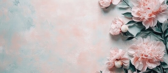 Aufkleber - Elegant border of soft pink and white peony flowers on the right side against a pastel blue and pink background with ample text space on the left.