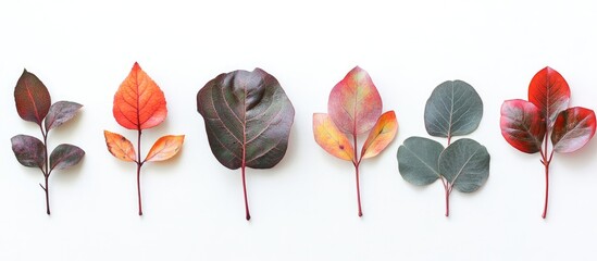 Poster - Autumn leaves in varying shades of red and green arranged linearly on a white background creating a minimalist flatlay for text placement.