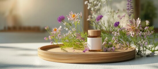 Poster - Elegant wooden plate adorned with wildflowers featuring a small cosmetic jar in the center, soft sunlight creating a serene summer ambiance.