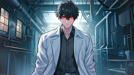 Man in a suit and tie standing in a hallway next to a mysterious anime scientist with glowing red eyes