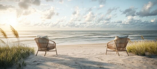 Fototapete - Serene beach scene featuring two wicker chairs facing the ocean at sunset with soft clouds and golden grass in the foreground bathed in warm light