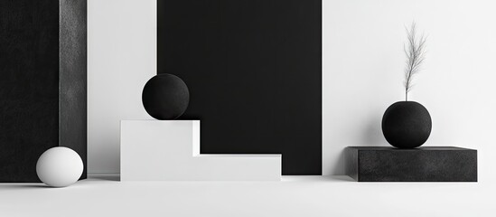 Aufkleber - Modern minimalist composition featuring black and white geometric shapes with a textured black pedestal and a round vase with a sprig against a stark backdrop.