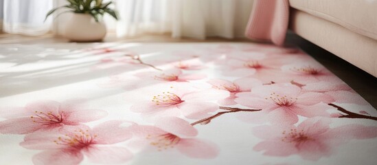 Leinwandbilder - Soft Pink Cherry Blossoms on a Serene White Rug Laying Near a Sunlit Couch with Gentle Shadows Creating a Tranquil Atmosphere