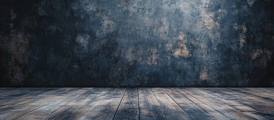 Poster - Textured dark blue wall with subtle light reflections and wooden floor, ideal for showcasing an empty frame in a contemporary gallery setting.