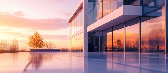 Aufkleber - Modern business building at sunset with large glass windows reflecting vibrant orange and pink hues, surrounded by a serene landscape.