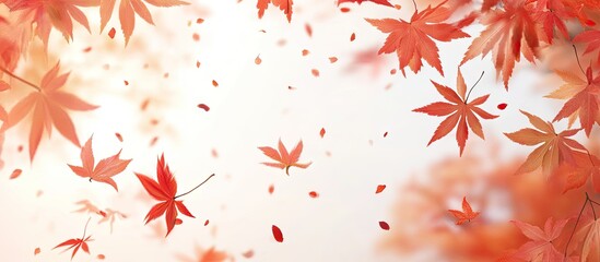 Fototapete - Autumn background featuring vibrant orange and red maple leaves softly falling against a warm blurred cream backdrop creating a serene atmosphere.