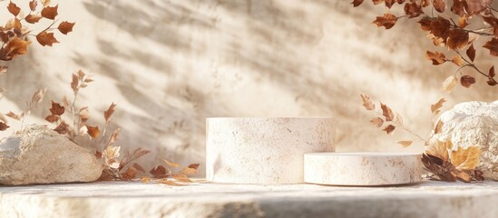 Leinwandbilder - Minimalistic cosmetics presentation on natural stone podium with autumn foliage; warm beige tones, textured surfaces, soft shadows.
