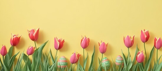 Aufkleber - Vibrant pink tulips in lush green grass with pastel Easter eggs against a bright yellow background creating a cheerful spring atmosphere.