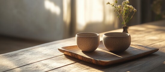 Aufkleber - Elegant ceramic tea set on a wooden surface with soft natural light enhancing a sophisticated ambiance featuring a delicate flower vase in background