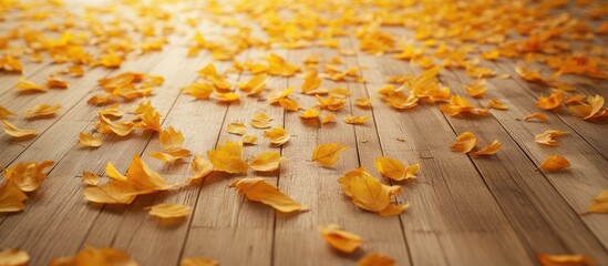 Fototapete - Autumn scene with vibrant yellow and orange fallen leaves scattered across a warm wooden floor, creating a serene backdrop for text insertion.