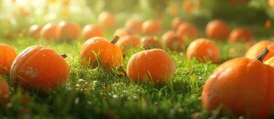 Aufkleber - Vibrant orange pumpkins scattered across lush green grass create a picturesque autumn scene with soft morning light and dewdrops glistening.