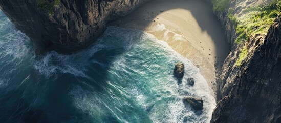 Poster - Aerial view of a serene black sand beach bordered by lush green cliffs with waves gently crashing along the shore's edge, creating a tranquil scene.