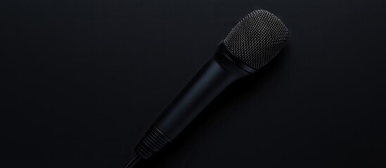 Professional black microphone positioned diagonally across a dark background with ample copy space on the right for text or branding.