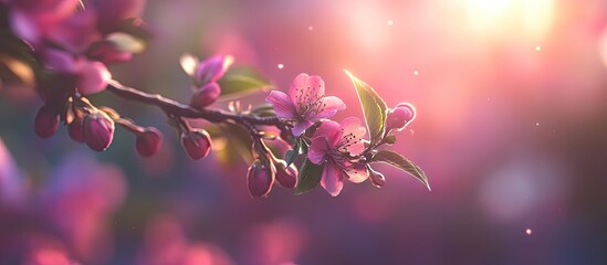 Leinwandbilder - Soft pink cherry blossoms with dewdrops on branches against a dreamy blurred background featuring warm glowing light and soft pastel hues.