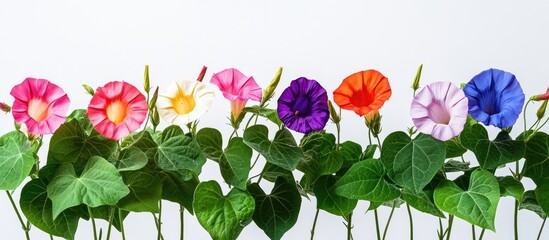 Leinwandbilder - Colorful morning glory flowers in vibrant pink, purple, orange, and white, arranged in a row with green heart-shaped leaves on a white background.