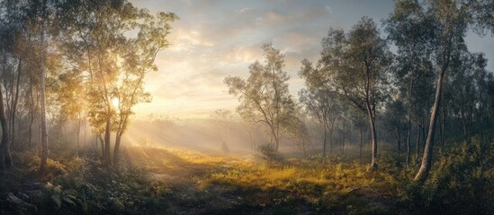 Poster - Panoramic sunrise landscape featuring golden sun rays illuminating a lush forest and meadow scene with vibrant green trees on either side.