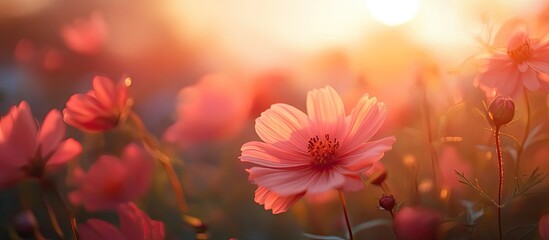 Poster - Vibrant pink cosmos flowers in a lush field with a warm sunset glow in the background creating a serene and enchanting natural landscape.