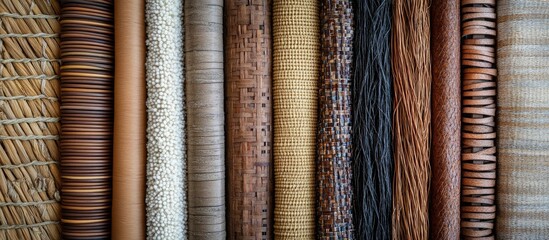 Poster - Woven textures display arranged in a row featuring shades of brown beige and cream highlighting natural wicker and wooden patterns
