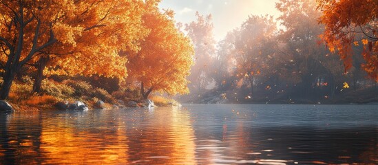 Fototapete - Autumn landscape featuring vibrant orange and yellow trees reflecting on a serene river under soft sunlight with a picturesque natural backdrop.