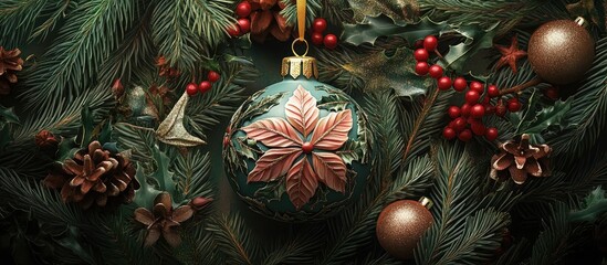 Aufkleber - Decorative Christmas ornament with a floral design surrounded by pine branches, red berries, and pine cones on a dark green background.