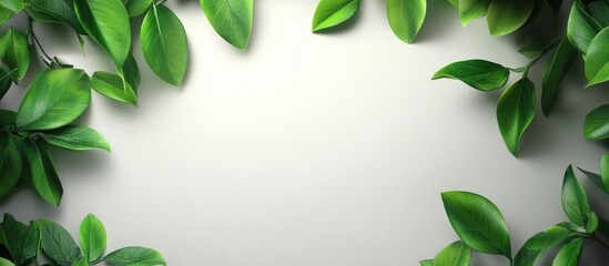 Fototapete - Lush green leaves framing a soft grey background creating an ideal space for advertisement text featuring a natural and fresh aesthetic.