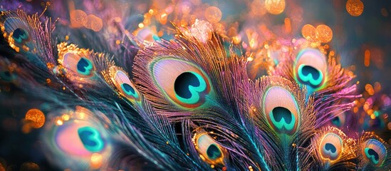 Aufkleber - Vibrant peacock feather arrangement with iridescent eye patterns in shades of turquoise, green, and gold set against a blurred bokeh background.