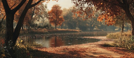 Fototapete - Autumn landscape featuring a serene pond surrounded by trees with vibrant orange and red leaves, bathed in warm sunlight showcasing vintage hues.