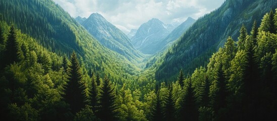 Aufkleber - Lush green forest valley with majestic mountain peaks under a bright sky, showcasing vibrant foliage and natural beauty from a bird's eye view