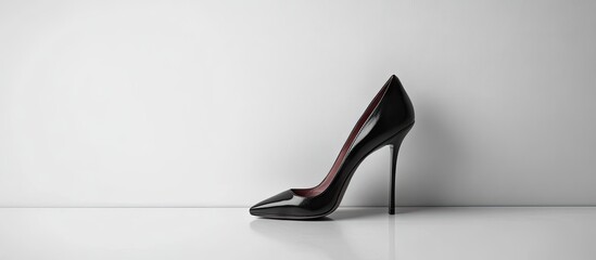 Aufkleber - Elegant black high heeled shoe positioned to the left on a smooth white surface with soft shadowing showcasing contrast and sophistication.