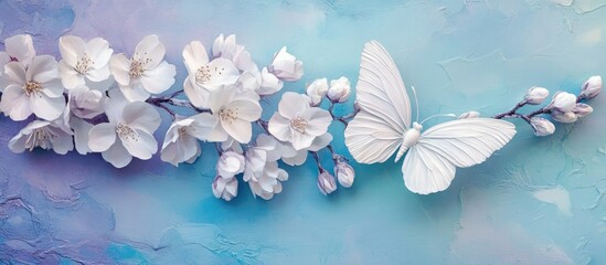 Poster - Delicate white orchids and buds on a soft blue and turquoise gradient background with a graceful white butterfly positioned on the right.