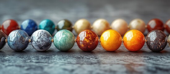 Leinwandbilder - Colorful collection of semiprecious stone beads in a gradient from blue to orange displayed in a row against a textured gray background.