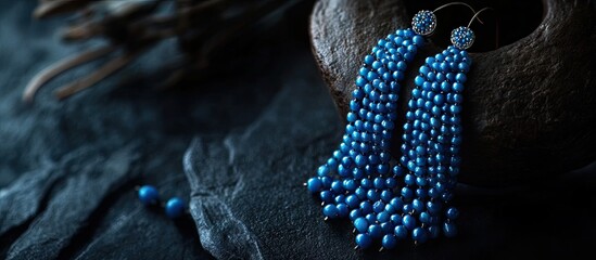 Leinwandbilder - Elegant long blue beaded earrings elegantly laid on a textured dark stone surface with a rustic wooden element accentuating the composition