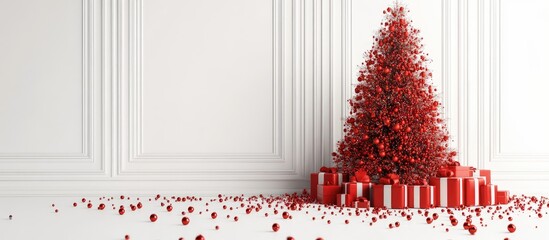 Poster - Christmas tree adorned with red ornaments and gift boxes in a minimalist white room, featuring a vibrant arrangement at the tree's base.