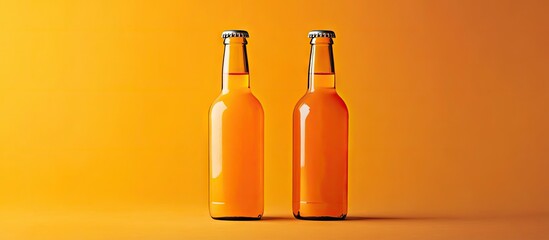 Leinwandbilder - Vibrant orange backdrop with two clear glass bottles filled with orange liquid positioned centrally, creating an eye-catching visual contrast.