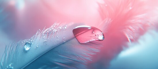 Leinwandbilder - Macro shot of a clear water drop resting on a soft feather in gentle light blue and pink hues showcasing nature's delicate beauty and serenity