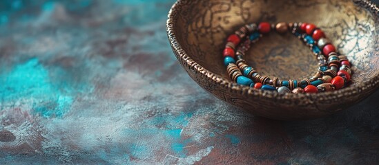 Leinwandbilder - Bohemian style necklace in bronze bowl with vibrant red turquoise and gold beads against a textured blue and gray background for fashion jewelry display