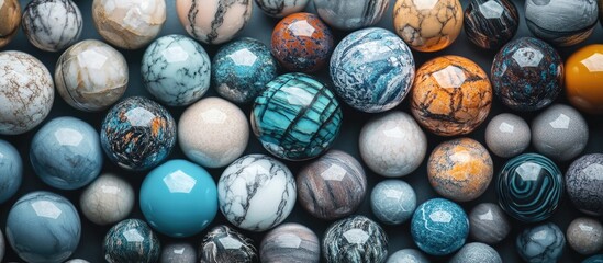 Leinwandbilder - Colorful collection of semiprecious stone beads featuring shades of turquoise, orange, gray, and white arranged in a flat layout for a textured display