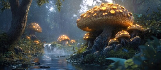 Aufkleber - Enchanted forest with oversized luminous mushrooms near a tranquil stream surrounded by misty trees creating a magical and serene atmosphere