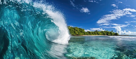 Aufkleber - Turquoise ocean wave crashing against a sandy shore under a clear blue sky with lush greenery in the background showcasing nature's vibrancy.