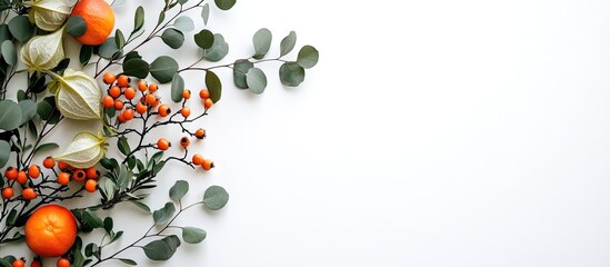 Fototapete - Autumn flat lay with vibrant Physalis flowers, eucalyptus leaves, and rowan berries on a bright white background with ample copy space.