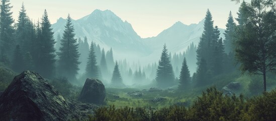 Aufkleber - Misty mountain landscape with towering evergreen trees, rocky foreground, and a serene atmosphere in shades of green and gray.