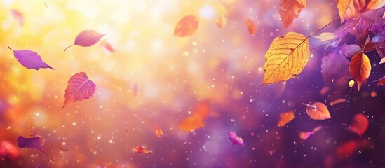 Fototapete - Colorful autumn leaves in vibrant purple and yellow hues gracefully scattered against a glowing soft-focus background of light and warmth.