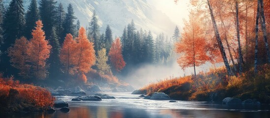 Aufkleber - Serene autumn river landscape with vibrant orange and red trees, mist over calm water, mountains in background, capturing tranquil nature scene.