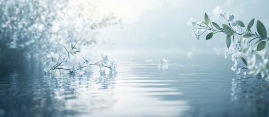 Aufkleber - Serene blurred water surface with subtle light reflections in soft blue and green tones, featuring delicate floral elements on the left side.