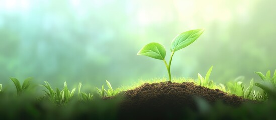 Poster - Close-up of a vibrant green seedling emerging from dark soil, surrounded by soft grass, with dreamy sunlight creating a serene outdoor atmosphere.