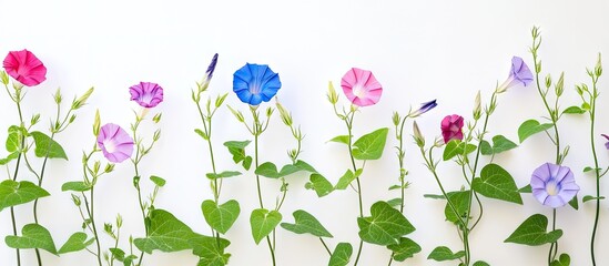 Leinwandbilder - Colorful morning glory flowers in pink, blue, and purple shades lined against a white background with vibrant green leaves creating a natural border.